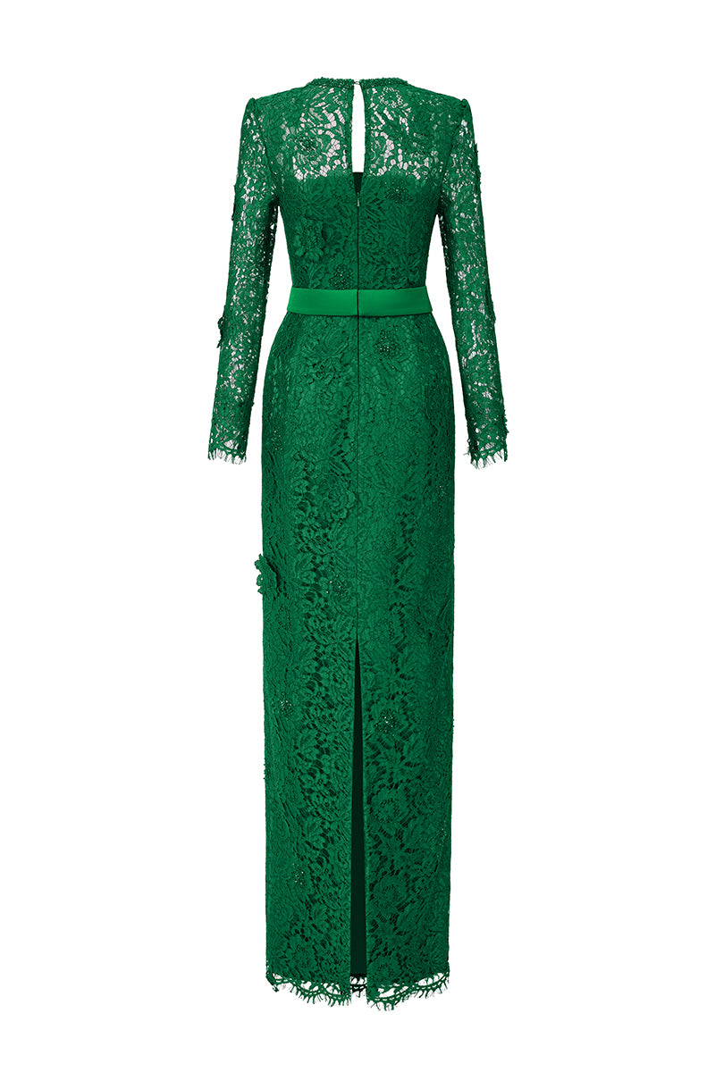 trapeze dress long sleeve Green Embellished Long Sleeve Trapeze Dress with Ruffle Hem