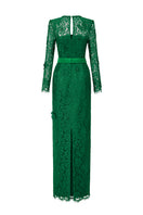 Green I.H.F trapeze long sleeve dress, stylish gown with a flowing silhouette and elegant design, shown on a model.
