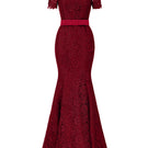 Red gown with guipure lace and taffeta silk lining, elegant I.H.F dress perfect for formal occasions.