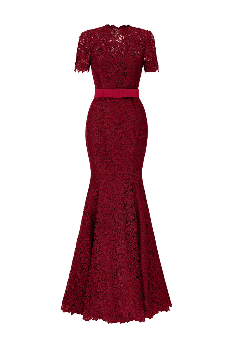 GUIPURE LACE AND TAFFETA SILK LINED DRESS IN RED