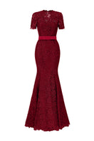 Red gown with guipure lace and taffeta silk lining, elegant I.H.F dress perfect for formal occasions.