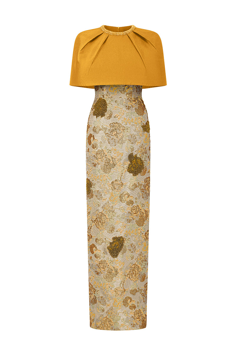 Yellow floral sleeveless gown with round neck from I.H.F, featuring a stylish, flowy design perfect for warm weather.