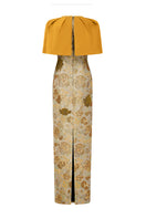 Yellow sleeveless floral gown with round neck from I.H.F, featuring vibrant flower patterns and a flowing silhouette.