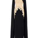Elegant beige strapless column gown with a long cape by I.H.F, featuring a sleek silhouette and flowing fabric.