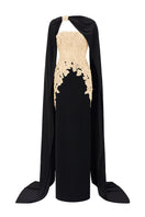 Elegant beige strapless column gown with a long cape by I.H.F, featuring a sleek silhouette and flowing fabric.