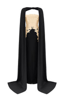 Beige strapless column gown with a long cape by I.H.F, elegant formal dress featuring flowing fabric and sophisticated design.