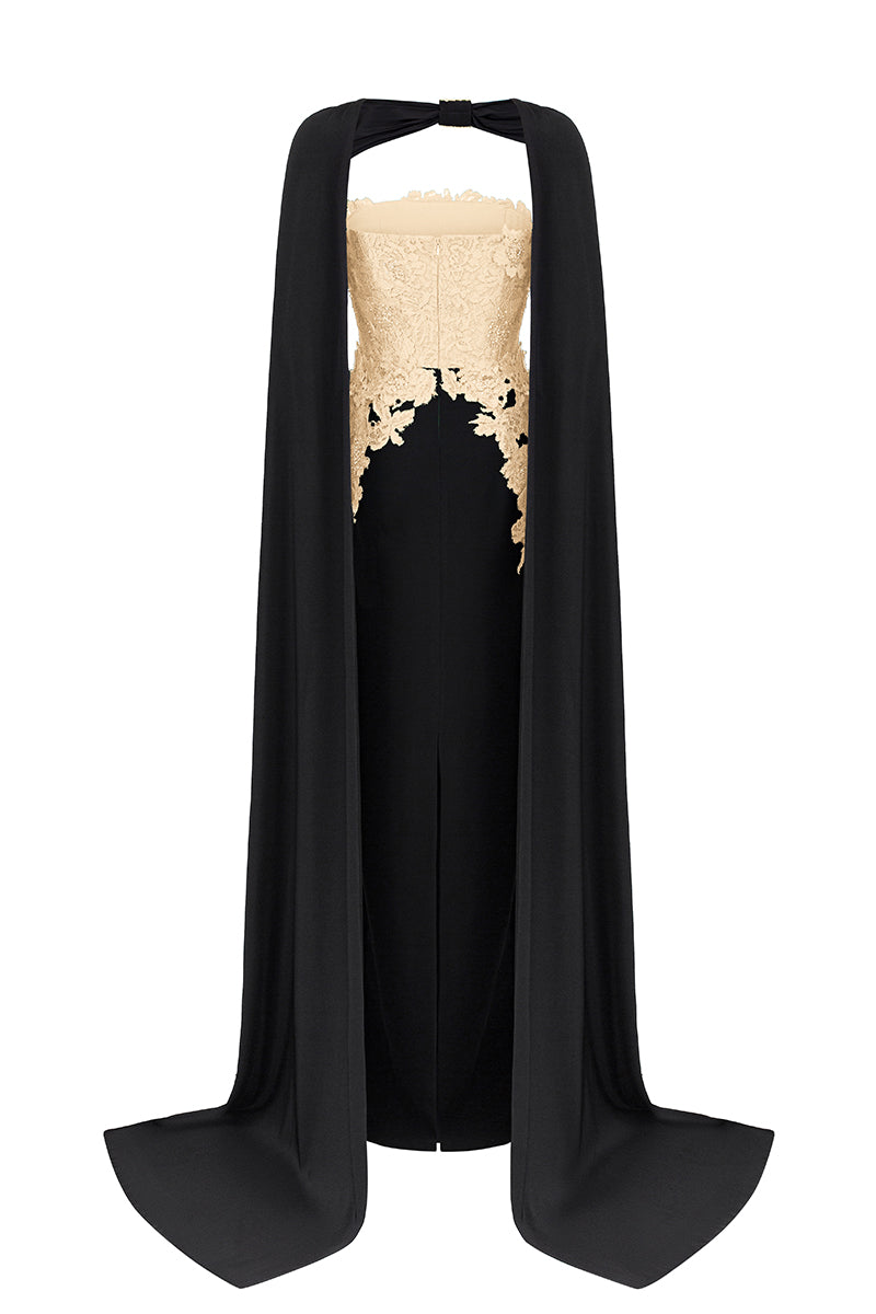 Beige strapless column gown with a long cape by I.H.F, elegant formal dress featuring flowing fabric and sophisticated design.