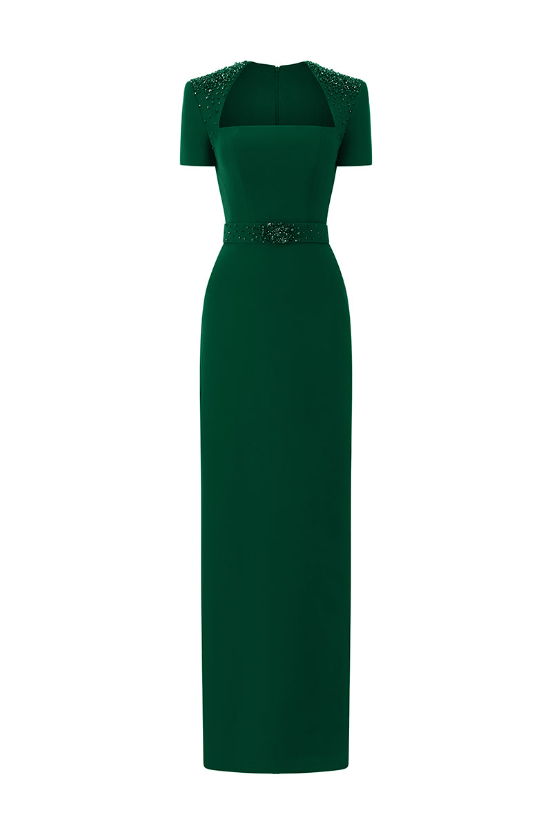 TRAPEZE SHORT SLEEVE CREPE DRESS IN GREEN