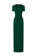 Green I.H.F trapeze short sleeve crepe gown, flowing design with a relaxed fit, stylish and elegant for special occasions.