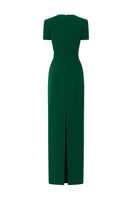 Green I.H.F trapeze short sleeve crepe gown with a flowing silhouette and elegant drape, perfect for formal occasions.
