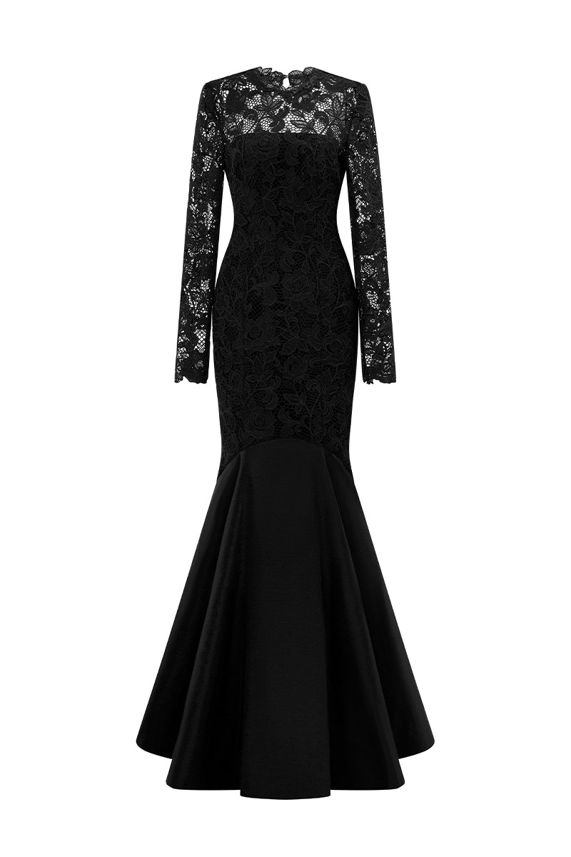 GUIPURE LACE AND TAFFETA DRESS IN BLACK - CULT MIA