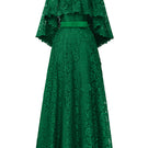 Elegant green A-line gown with a mullet cape by I.H.F, featuring flowing fabric and stylish design for formal occasions.