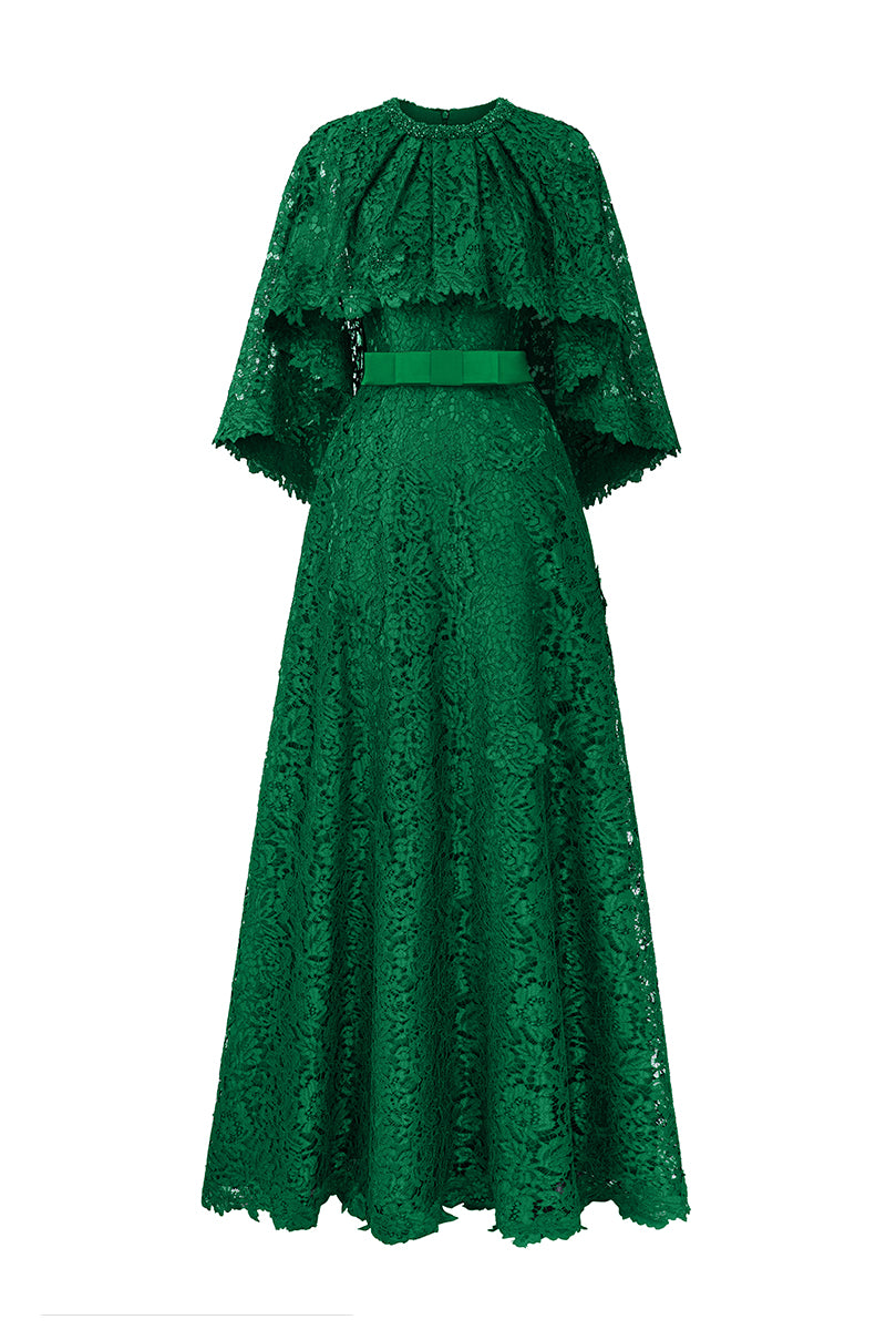 A-LINE GOWN WITH MULLET CAPE IN GREEN