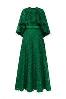 Elegant green A-line gown with a mullet cape by I.H.F, featuring flowing fabric and stylish design for formal occasions.