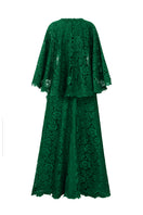Elegant green A-line gown with a mullet cape by I.H.F, featuring flowing fabric and stylish design for formal occasions.