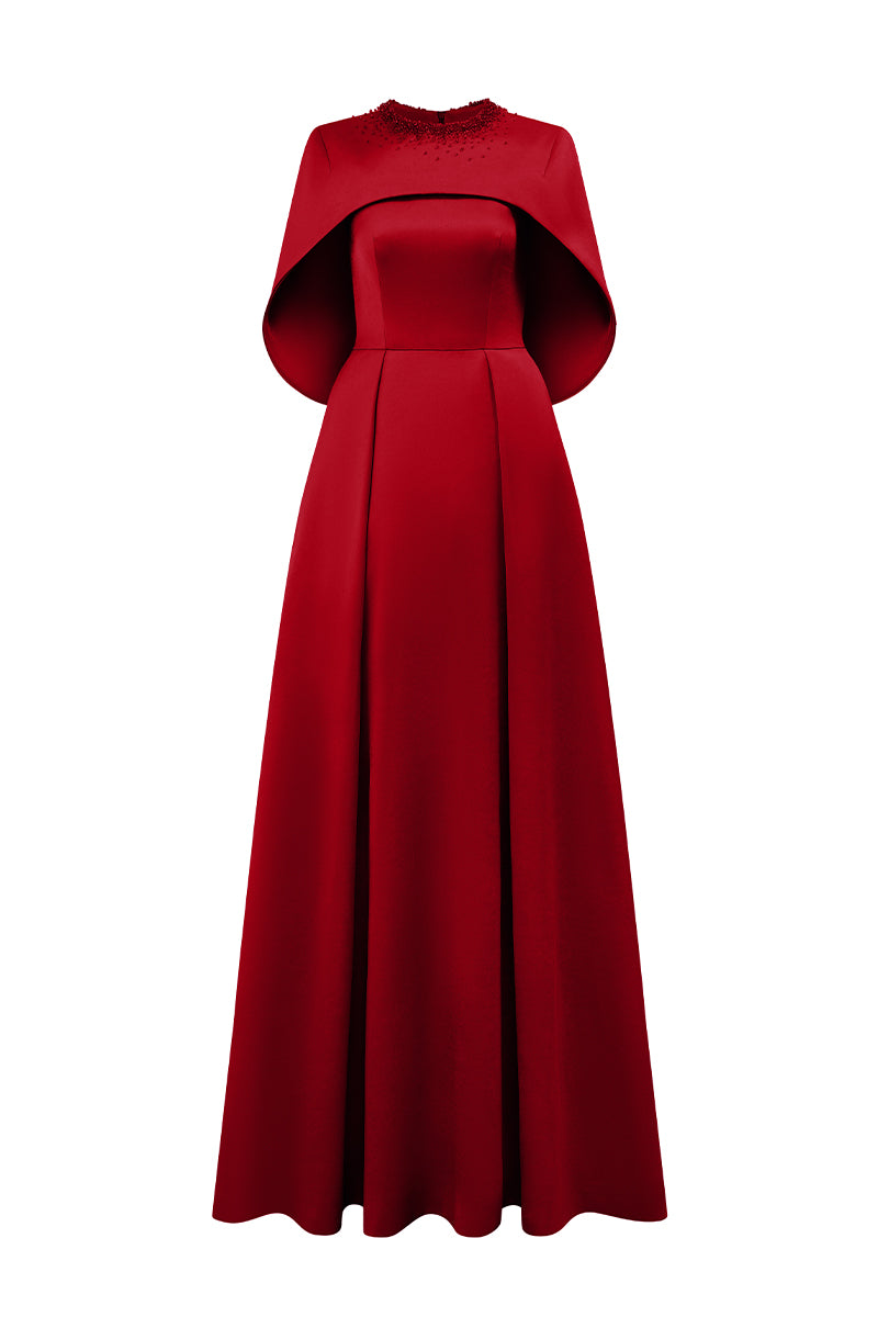 Red silk taffeta gown by I.H.F, elegant floor-length dress with flowing fabric and sophisticated design.