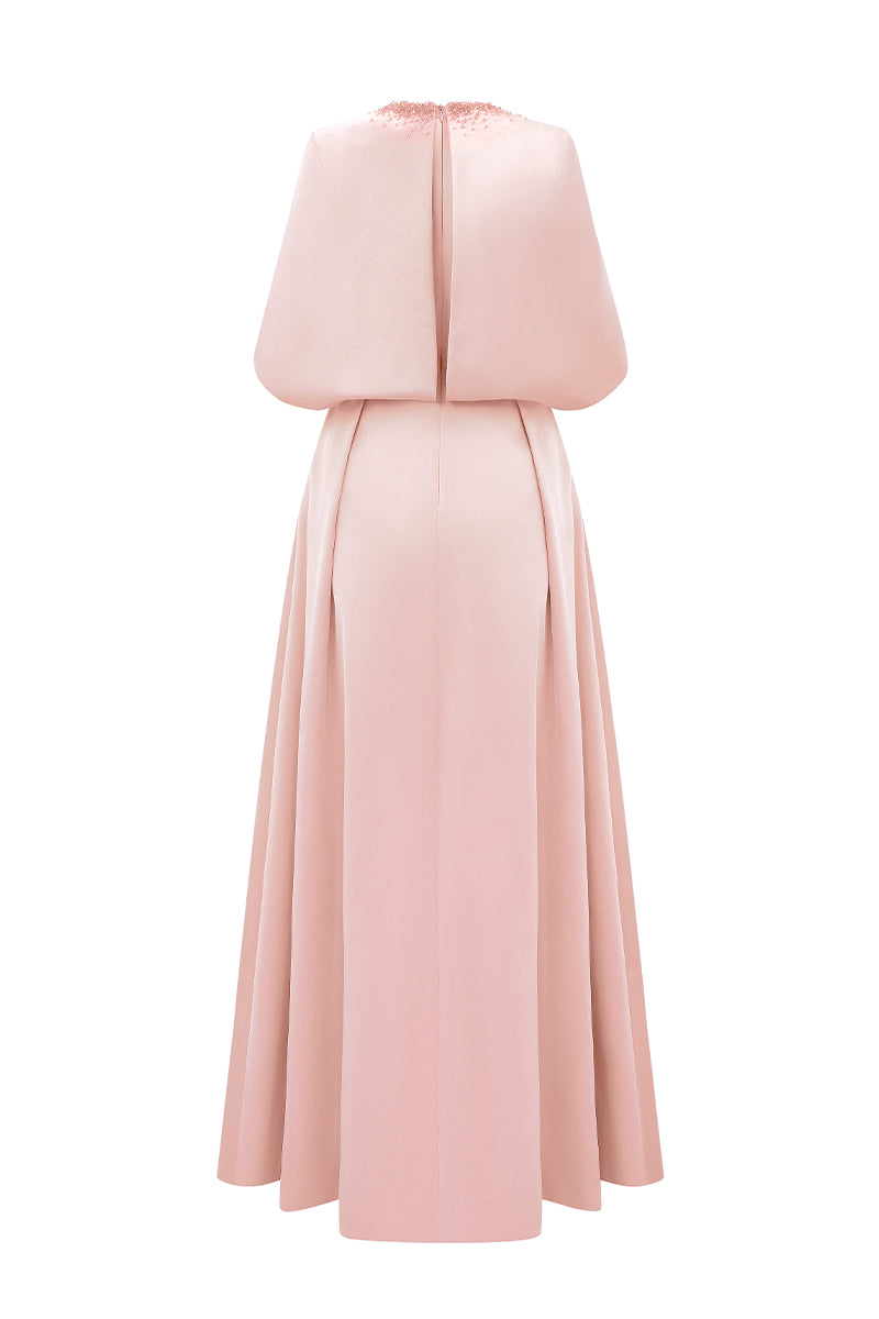 Pink silk taffeta gown by I.H.F, elegant evening dress with flowing fabric and classic design, perfect for formal occasions.