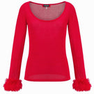 Andreeva red knit top featuring intricate handmade knit details, long sleeves, and a cozy, stylish design for casual wear.