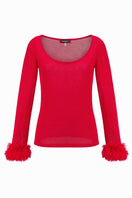 Andreeva red knit top featuring intricate handmade knit details, long sleeves, and a cozy, stylish design for casual wear.