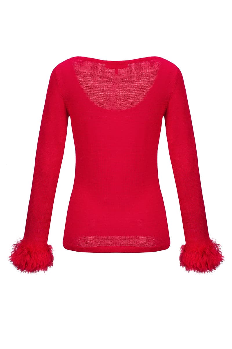 Andreeva red knit top with handmade knit details, featuring a cozy, textured design perfect for stylish casual wear.