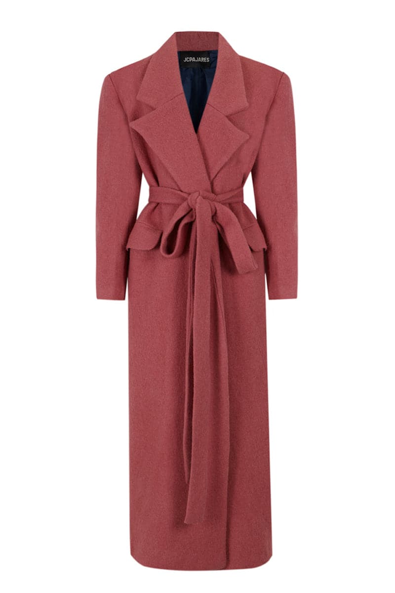 Pink wool maxi coat by JC Pajares, featuring a long, cozy design and stylish lapel collar, perfect for cold weather.