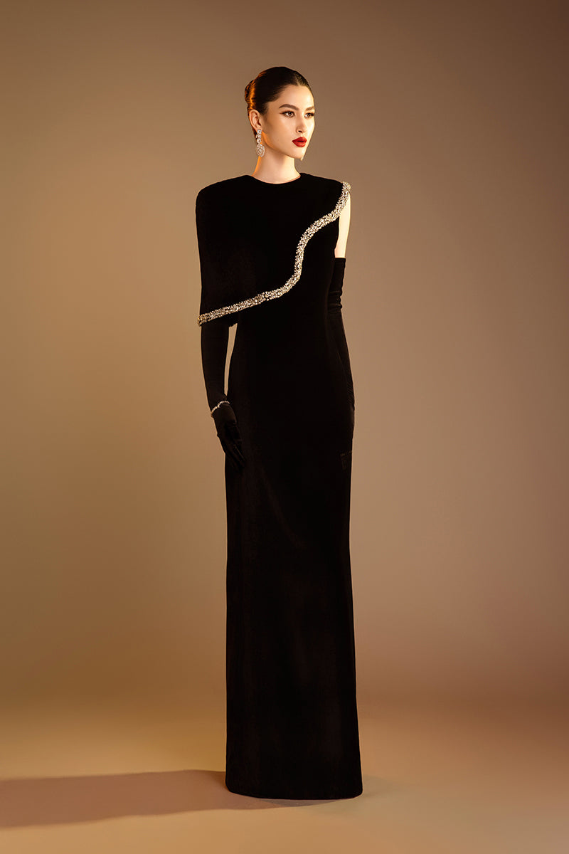 GEM EMBELLISHED TRIM CAPE DRESS IN BLACK