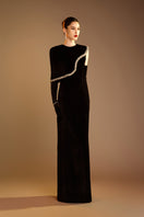 Valenciani black gown with gem-embellished trim cape dress showcasing intricate detailing and elegant design.