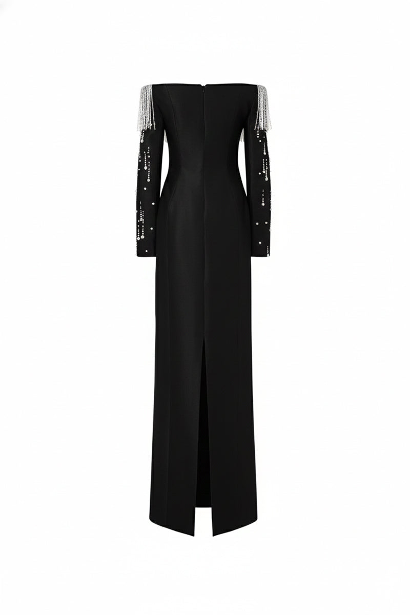 Black TALIA ROYAL TAFFETA Gown by 21Six, elegant formal dress with a flowing taffeta fabric and sophisticated design.