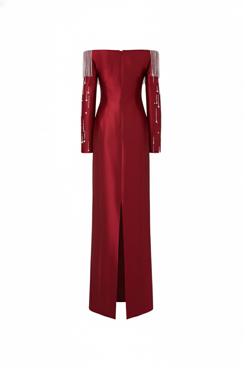 Red TALIA Royal Taffeta gown by 21Six, featuring elegant fabric and a classic silhouette, shown on a model.