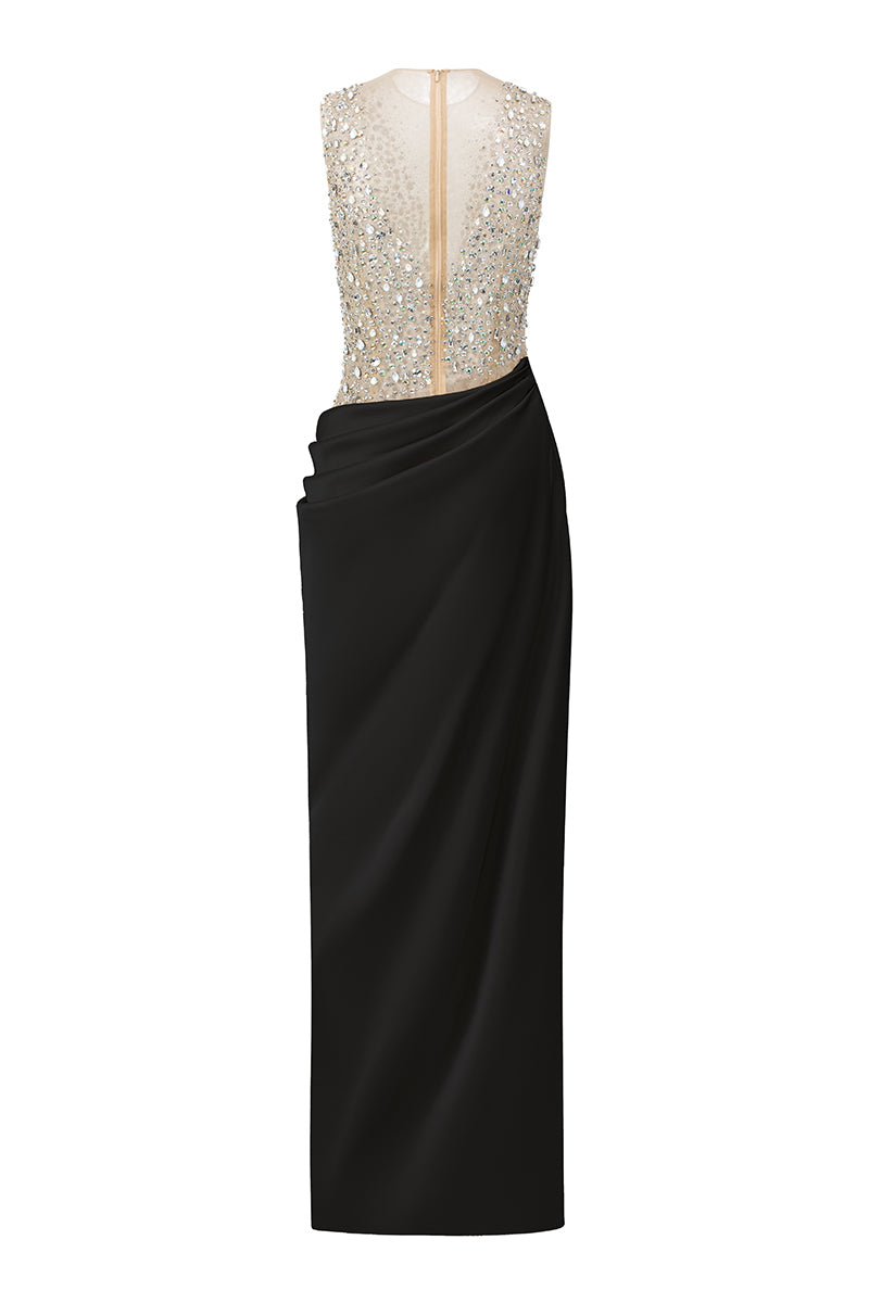 Elegant black silk satin and tulle gown by 21Six, featuring a flowing silhouette and intricate fabric details.