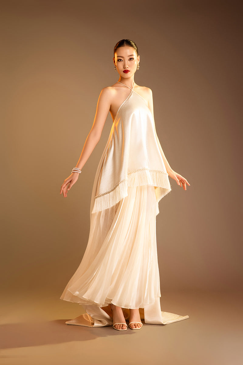 HALTERNECK PLEATED MAXI DRESS IN CREAM | CULT MIA