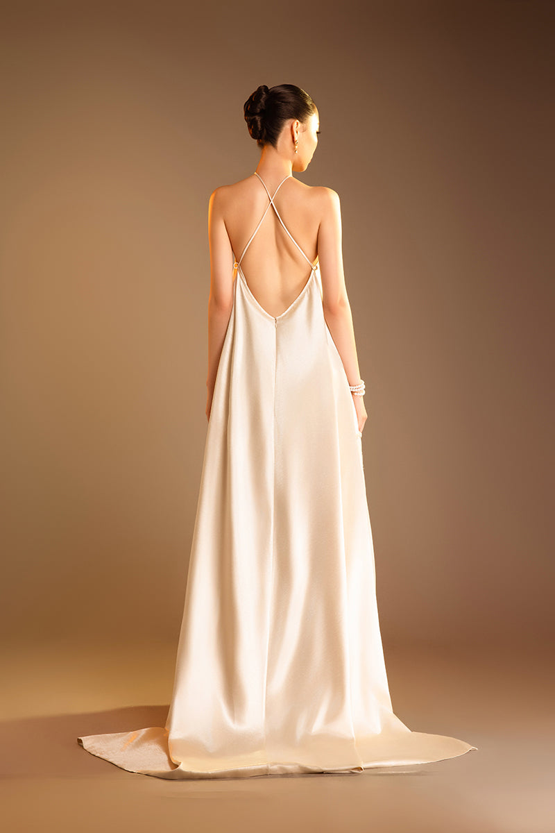 HALTERNECK PLEATED MAXI DRESS IN CREAM