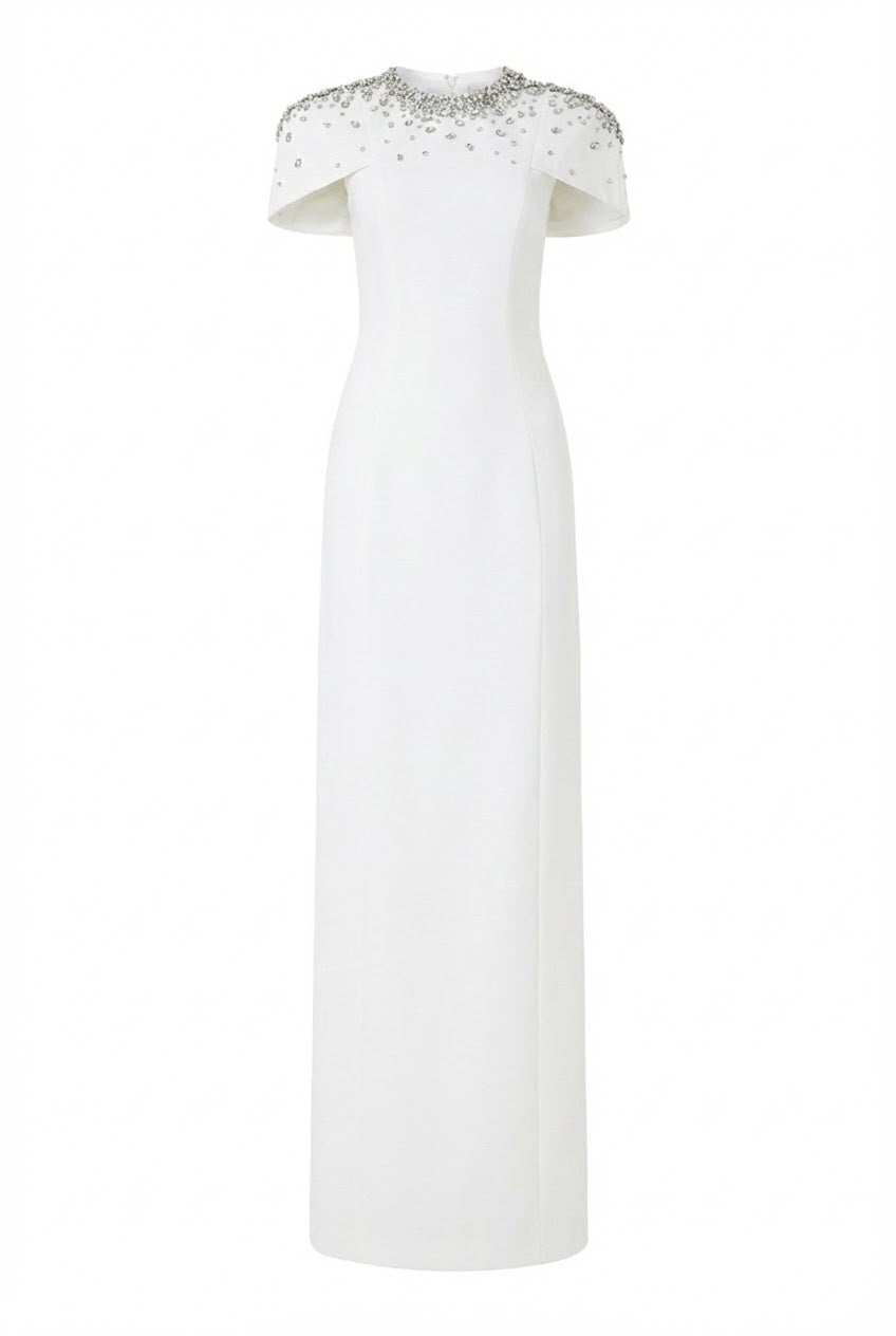 White Serra Crepe Dress by 21Six, elegant gown with flowing fabric and modern design, shown on a model.