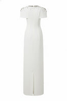 White Serra Crepe Dress gown by 21Six featuring elegant draping and a sleek silhouette.