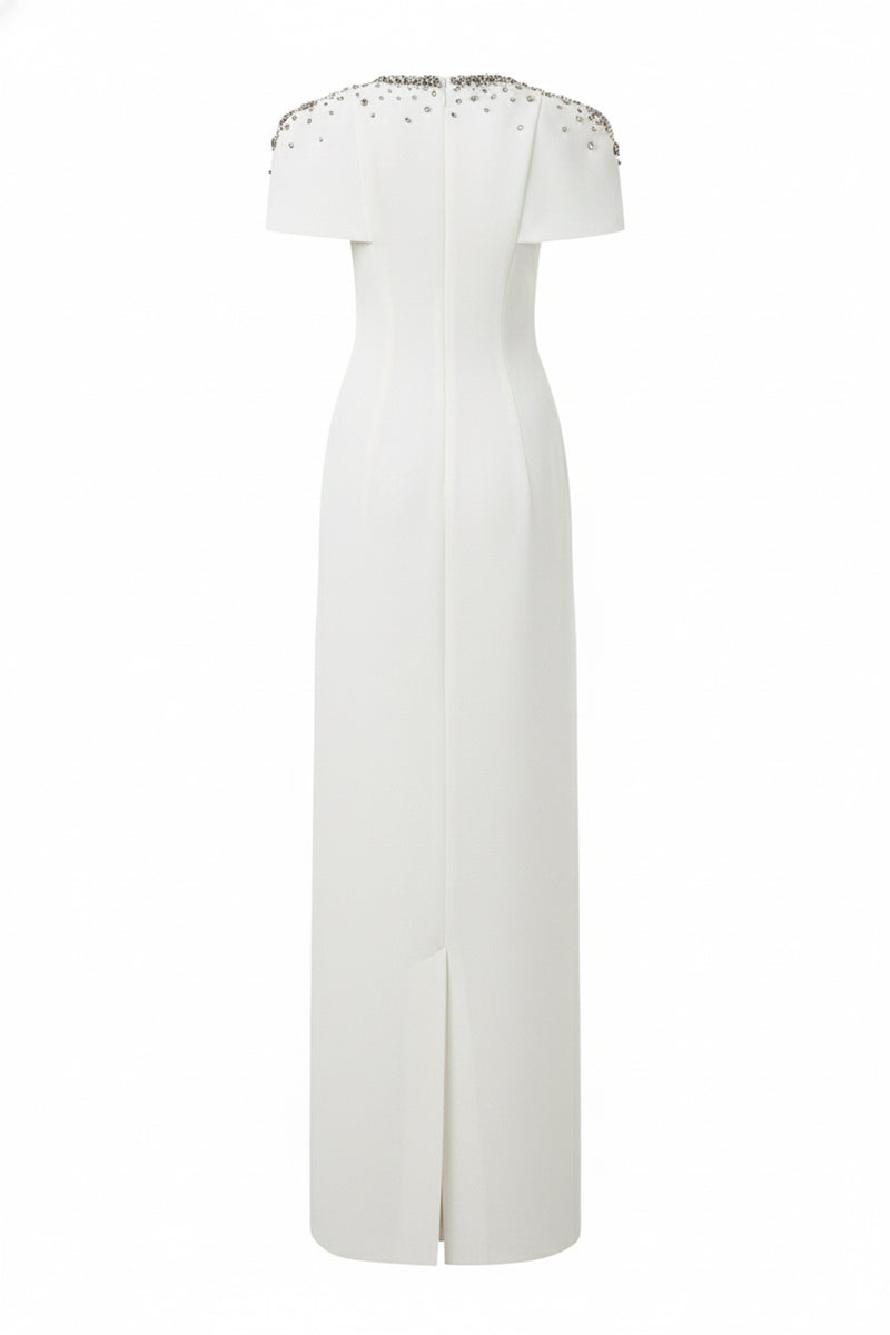 White Serra Crepe Dress gown by 21Six featuring elegant draping and a sleek silhouette.