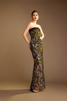 Valenciani strapless sequined gown with a long train cape, elegant evening dress for formal occasions.