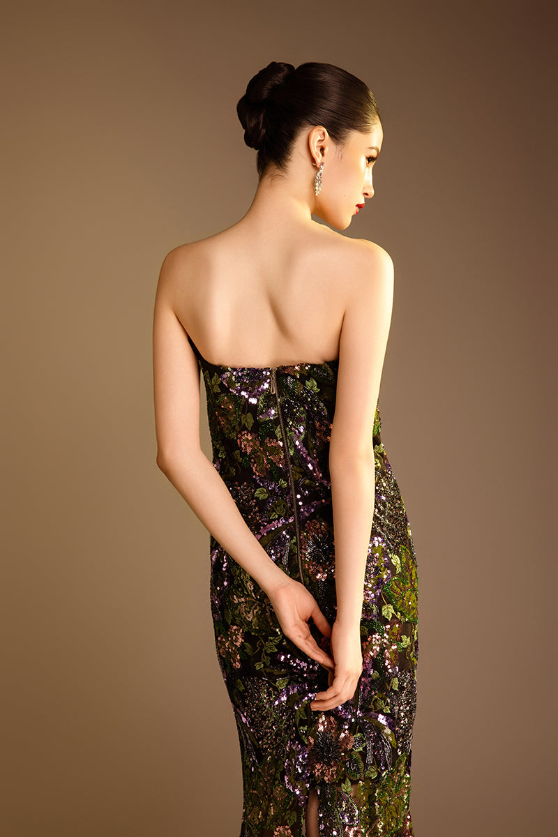 Valenciani strapless sequined gown with a long train cape, elegant formal evening dress for special occasions.