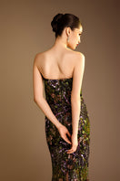 Valenciani strapless sequin gown with a long train cape, elegant evening dress perfect for formal events.