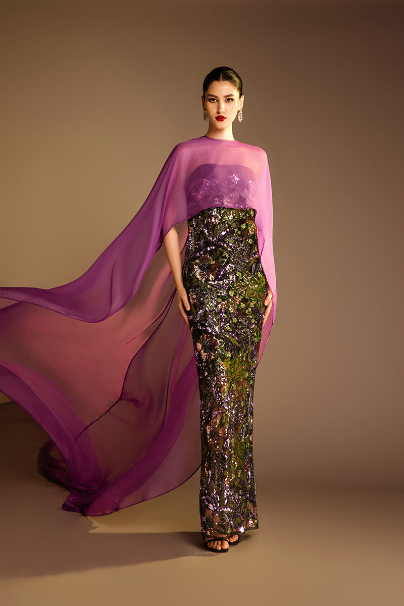 Valenciani strapless sequin gown with long train cape, elegant evening dress featuring shimmering sequins and flowing train.