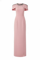 Light rose Serra crepe gown by 21Six, featuring a flowing design with elegant draping and a sophisticated silhouette.