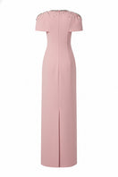 Light rose Serra crepe gown by 21Six, featuring elegant draping and a flowing silhouette, perfect for formal occasions.