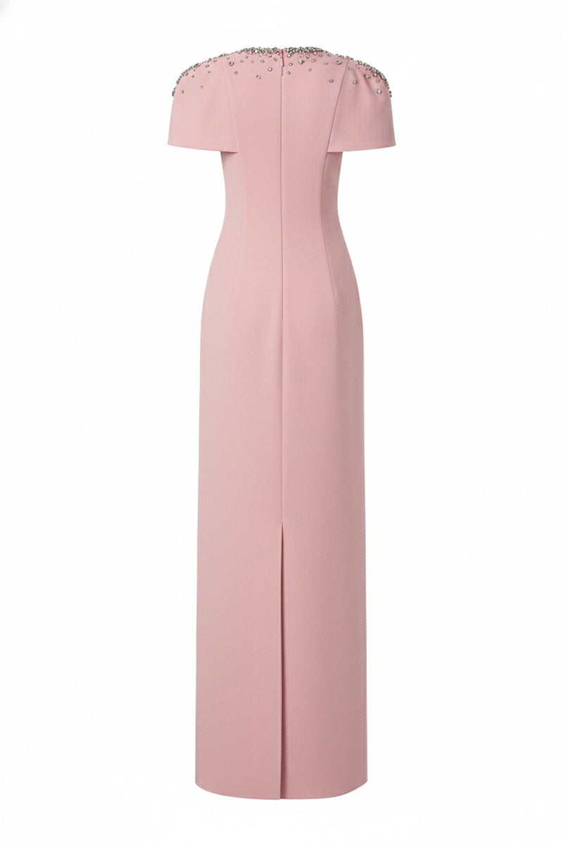 Light rose Serra crepe gown by 21Six, featuring elegant draping and a flowing silhouette, perfect for formal occasions.