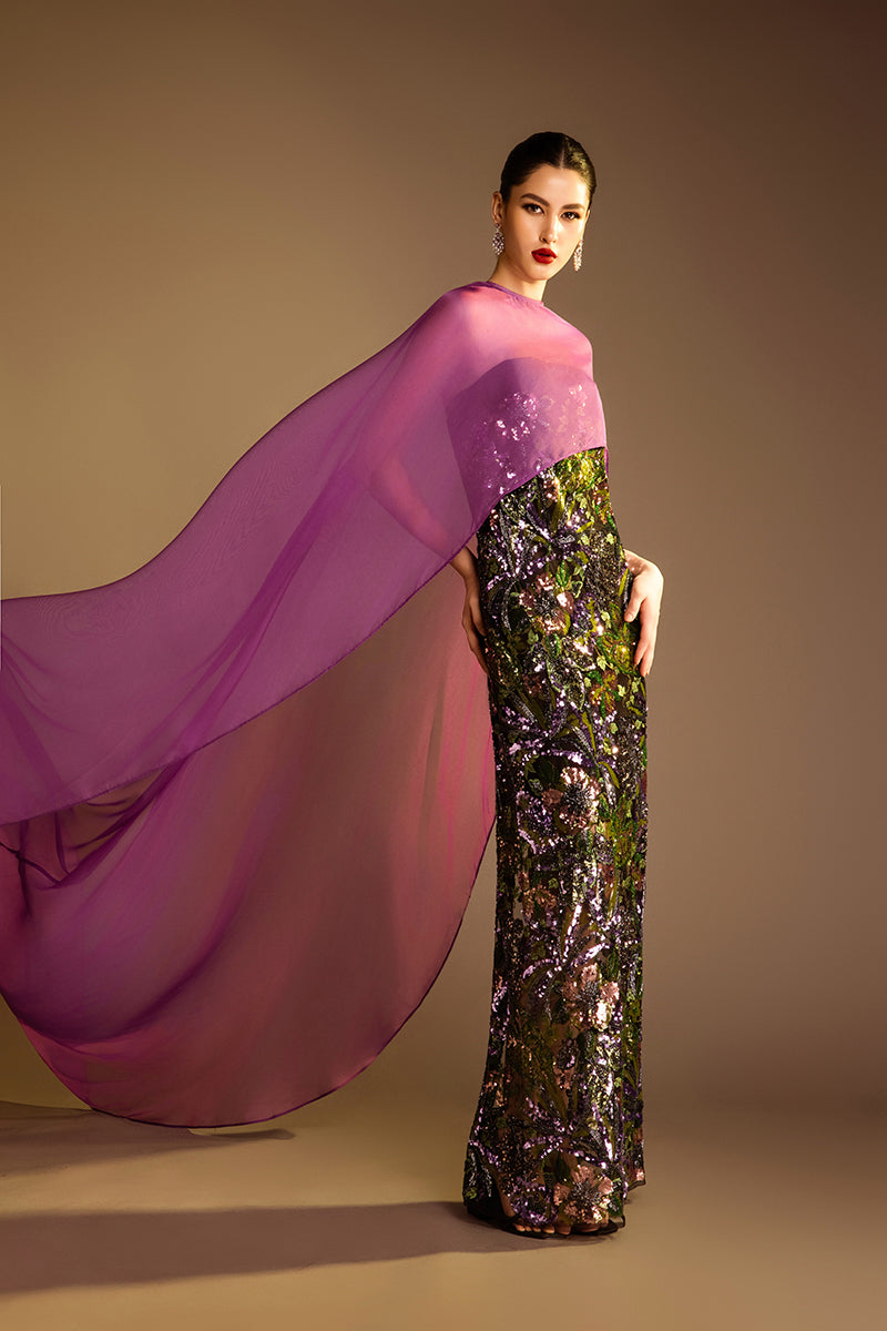 Valenciani strapless sequin gown with a long train cape, elegant evening dress with shimmering embellishments and flowing train.