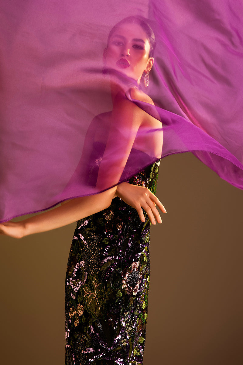 Valenciani strapless sequin gown with a long train cape, elegant formal dress suitable for special occasions.