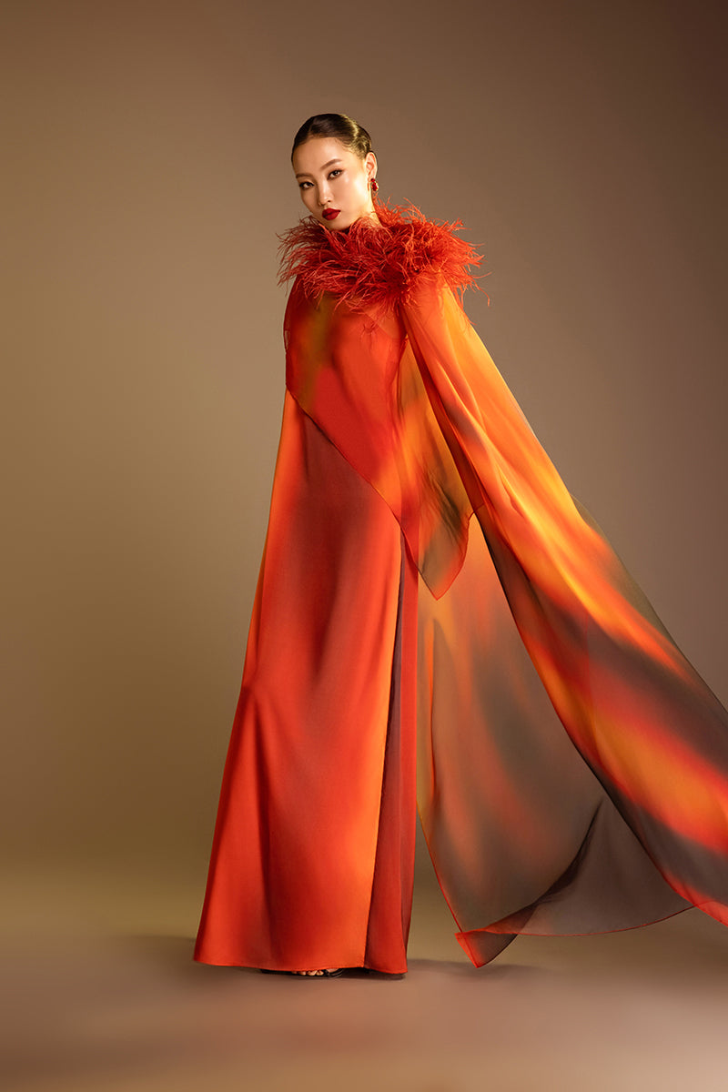 PRINTED DRESS WITH DETACHABLE OSTRICH FEATHER TRIM CAPE IN ORANGE | CULT MIA