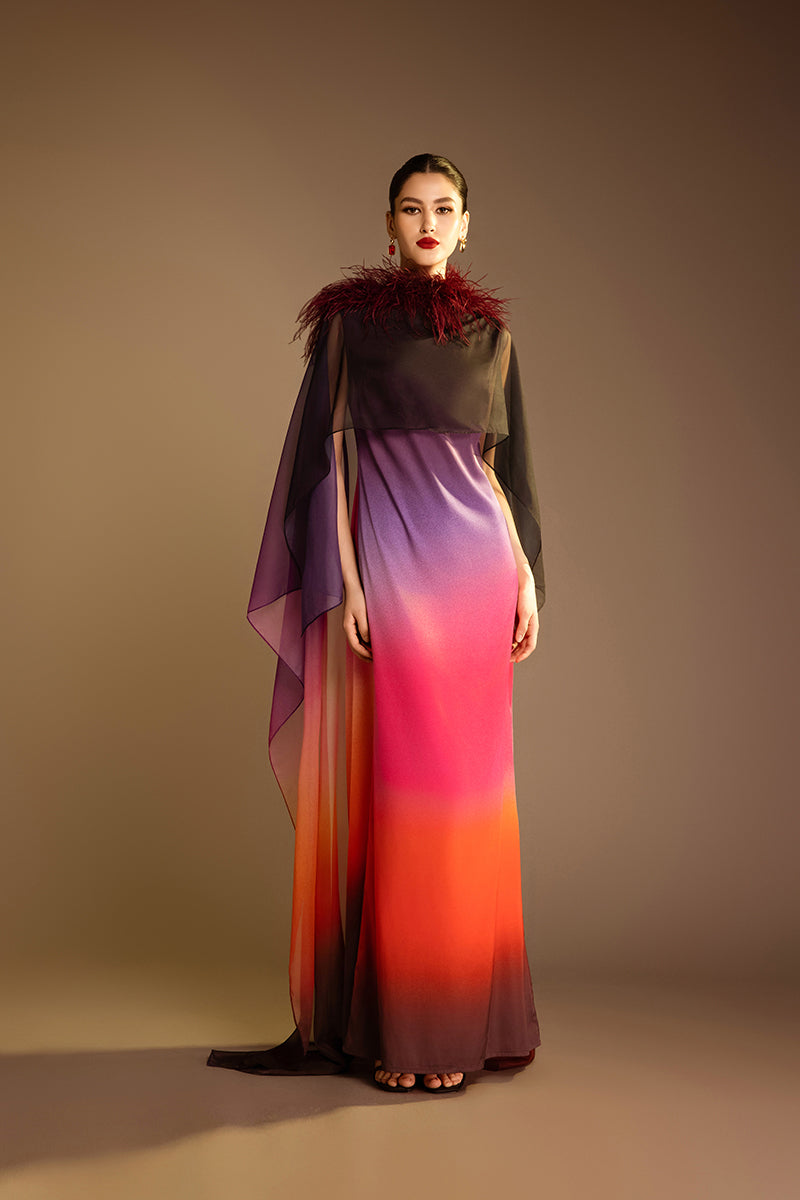 Valenciani pink printed gown with a detachable ostrich feather trim cape, elegant formal dress for special occasions.