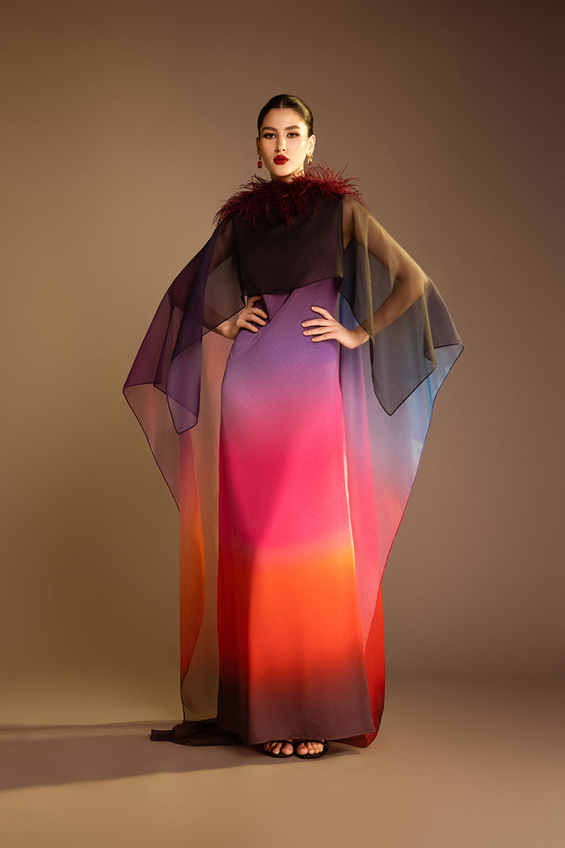 Valenciani pink printed gown with detachable ostrich feather trim cape, elegant evening dress with intricate details.
