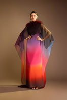 Valenciani pink printed gown with detachable ostrich feather trim cape, elegant evening wear for formal occasions.
