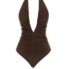 Brown AWAVE deep V-neck ruched bodysuit, close-up of the fitted top with ruching detail and V-neck design.