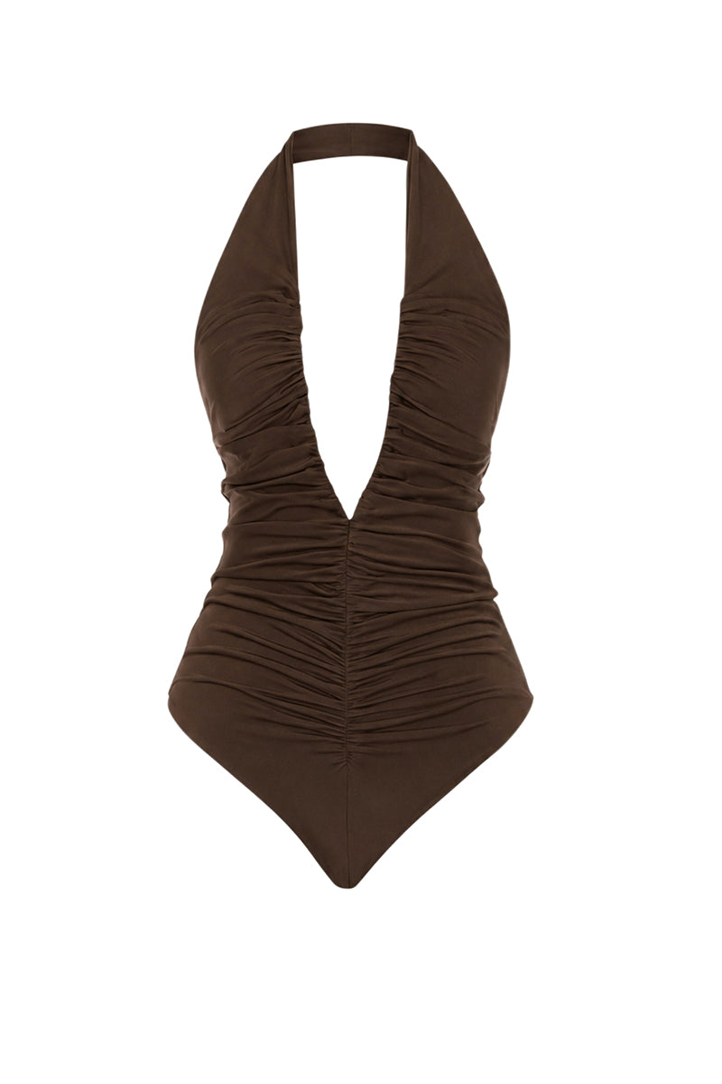 Brown AWAVE deep V-neck ruched bodysuit, close-up of the fitted top with ruching detail and V-neck design.
